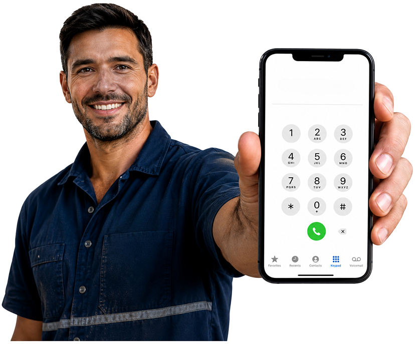Seven Hills Blocked Drains plumber holding a phone — call 1300 261 965