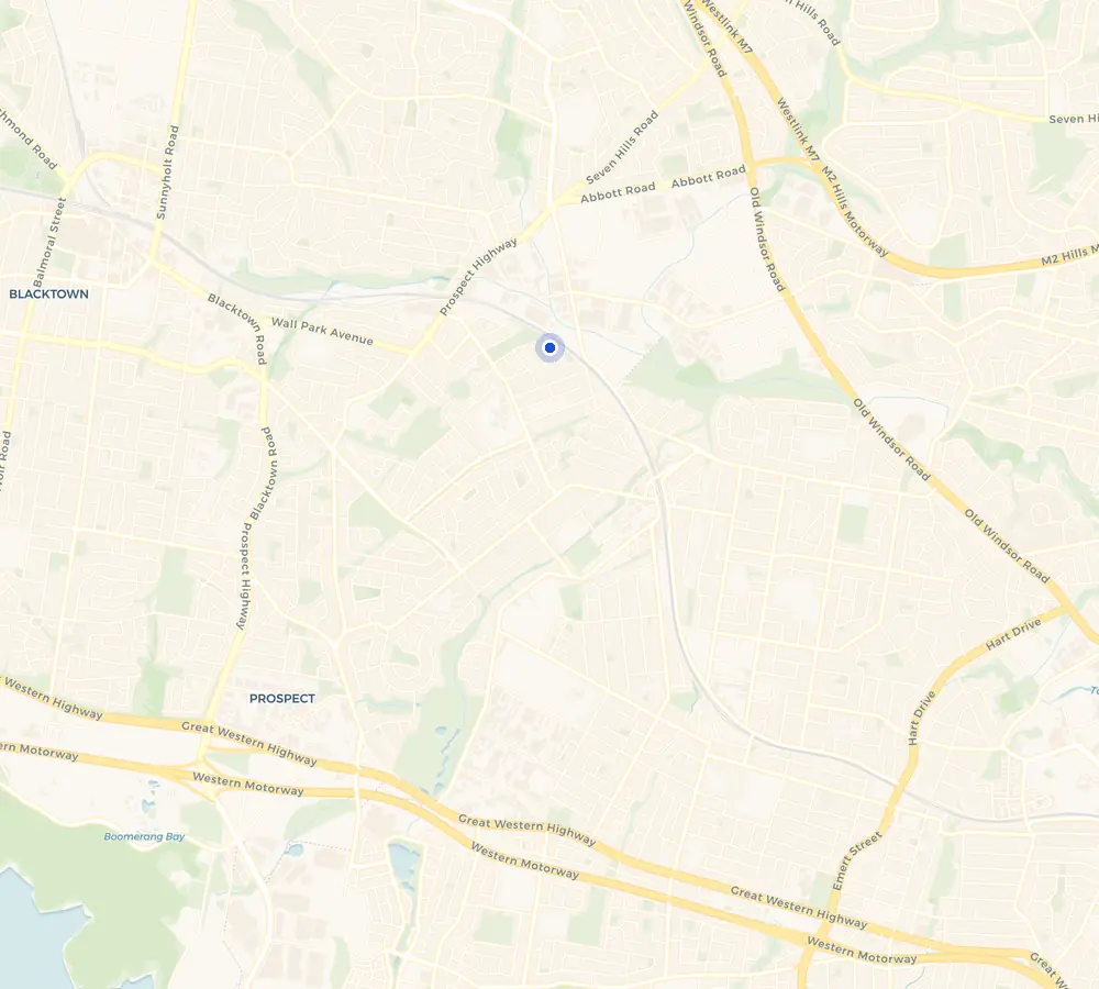 Map of the Seven Hills service area and the surrounding Western Sydney, showing Seven Hills and the nearby streets we cover.