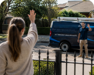 Customer waving goodbye to a Seven Hills Blocked Drains plumber